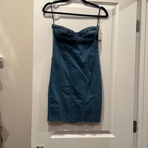 Strapless denim mini dress.